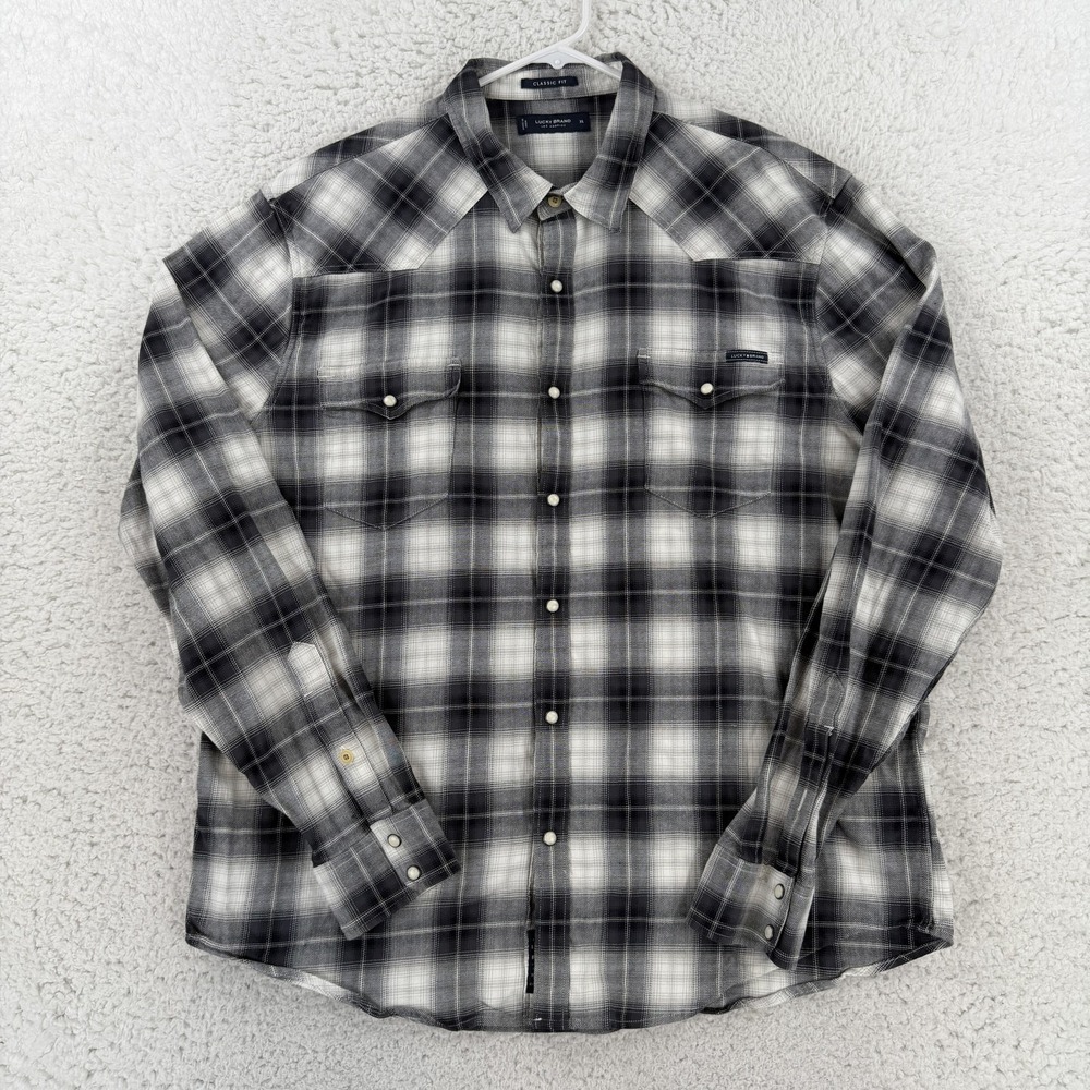 Lucky Brand Shirt Mens XL Gray Plaid Long Sleeve Snap Front Western Casual